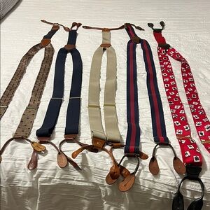 Men's Classic Braced Suspenders in Navy, Beige & Red - Leather Accents